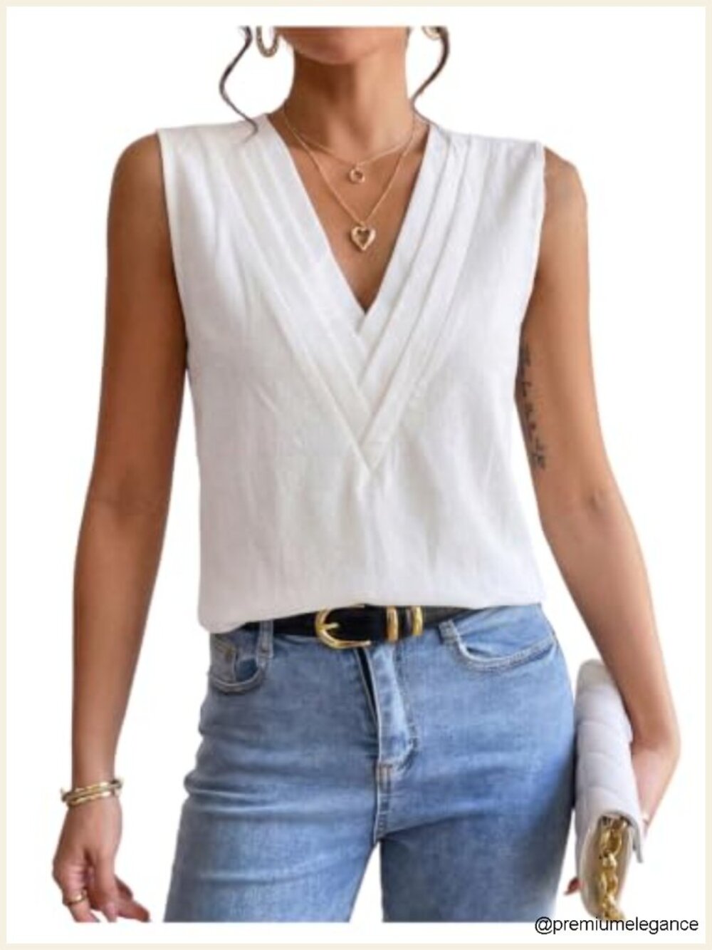 Pleated V-Neck Tank Top Sleeveless Summer Blouse